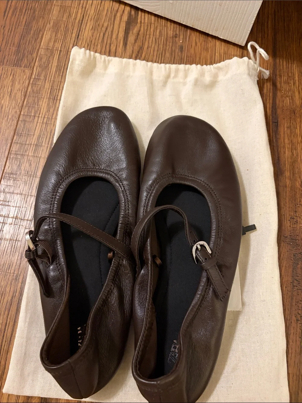 Zara Dark Brown Leather Mary Jane Ballet Flats with Strap size 36 / 6 - Picture 3 of 10